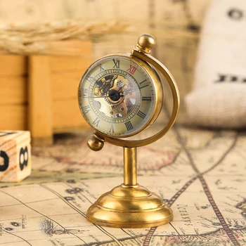 Retro Mědi Spinning Globe Mechanické Kapesní Hodinky Ruční Vinutí Průhledné Skleněné Koule Clock Gold Domov Kancelářský Stůl Dekor Dárky