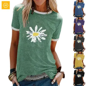 2021 Letní Ženy T-košile Ležérní Volné Malé Daisy Vzor Tištěné T-košile Kolem Krku Krátký Rukáv T Košile Harajuku Topy