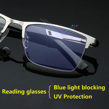 Módní Obchodní Anti Modré Světlo Brýle na Čtení Muži Ženy UV Ochrana Presbyopickém Brýle Kovové Polovinu Rámu