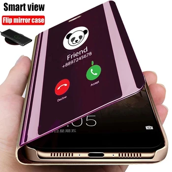 Anti-pokles Smart Flip Telefon Pouzdro Pro Huawei Nova 7I 8 7 6 Pro SE Y9A Y8P Y6P Y5P 2020 Zrcadlo Držák Stojan Plný Ochranný Kryt