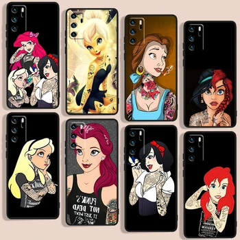 Disney Princess Tattoo Telefon Případ Pro Huawei P10 P20 P30 P40 P50 Lite Pro 2019 Plus Lite E 5G Černý Luxus Silikonové Měkké Zpět