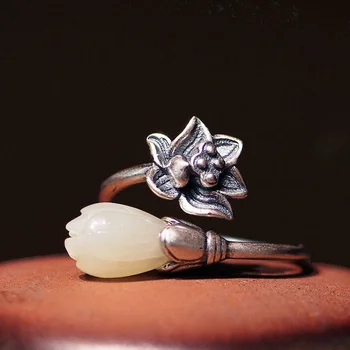 Přírodní Hetian magnolia květina lotus otevření nastavitelný prsten Čínském stylu retro a Bohémský elegantní půvab stříbrných šperků