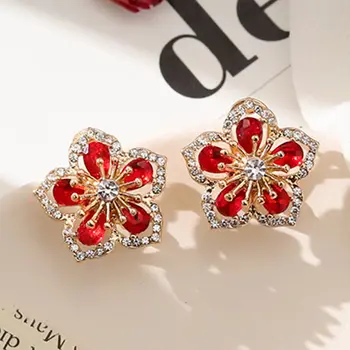 New Korean Luxusní Crystal Zirkon Stud Náušnice Pro Ženy Červené Květy Srdce Pearl Luk Uzel Náušnice Vánoce Nový Rok Šperky