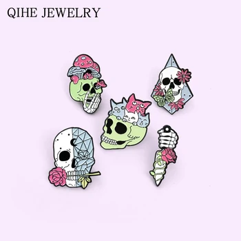 Punk Gothic Skeleton Smalt, Špendlík Odznak Rose Hub Brože pro Muže, Ženy Halloween Klopě Pin Šperky Dárek Velkoobchod