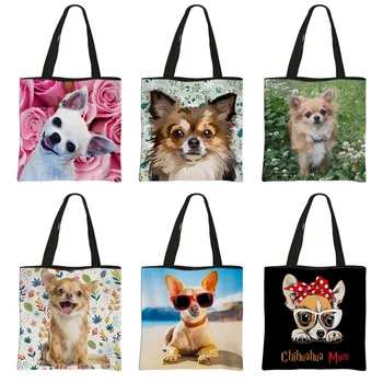 Roztomilý Pes Chihuahua Tisku Opakovaně Použitelné Nákupní Tašky, Dámské Módní Tašky Přes Rameno Pro Cestovní Dívky Plátno Tote Bag Kabelka