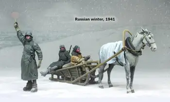 1/35 ruské zimy 1939 PATŘÍ (3 vojáci , koně, sáně) muž Pryskyřice Model Miniaturní gk Unassembly Nelakované