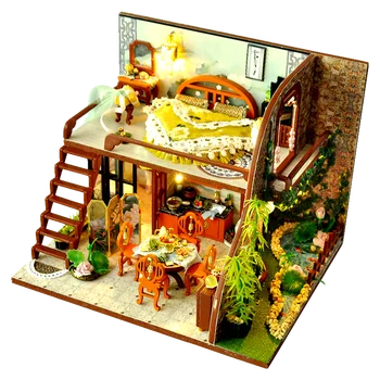 Dřevěné Miniaturní Domeček pro panenky DIY Dřevěné Stavební Zahradní Domek Model Toy Kit Výstavbu Domu pro Panenky s Nábytkem Dárky Hračky