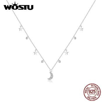 WOSTU 100% 925 Sterling Silver Shiny Star & Moon Náhrdelník Lesklé Zirkony Dlouhý Řetěz Náhrdelník Pro Ženy Luxusní Šperky CQN420