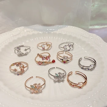 Korejský Módní Jemné Zirkony Srdce Měsíc Nastavitelný Prsteny Pro Ženy Micro Vydláždit Barevné Crystal Prst Šperky