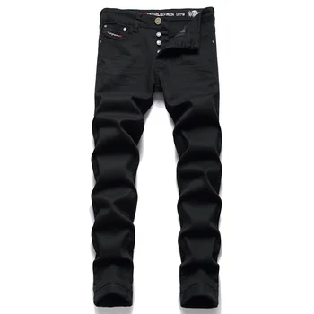 Sexy Pánské Černé džíny, Jednoduchý Trend Stretch Slim Tužka Kalhoty Vysoce Kvalitní Plná Barva Střední Pasu Vyšívané Značky Kalhoty