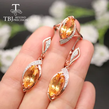 TBJ, přírodní 11ct brazílie citrín šperky sada prsten, náušnice mq 8*16mm skutečný drahokam jemné šperky, módní design pro ženy dárek