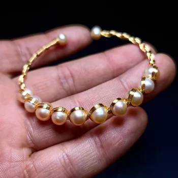 Přírodní Perlový Náramek 14k Zlato Naplněné Design Ruční Vinutí Ženy Otevřené Náramek Výklenek Luxusní Šperky Pro Přítelkyni
