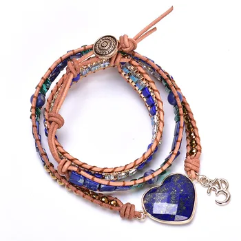 Přírodní Lapis Lazuli Mix Crystal Korálkové Pletené Řetězce Kůže Zábal Náramek Kámen ve Tvaru Srdce Náramek pro Ženy Dárkové Dropship