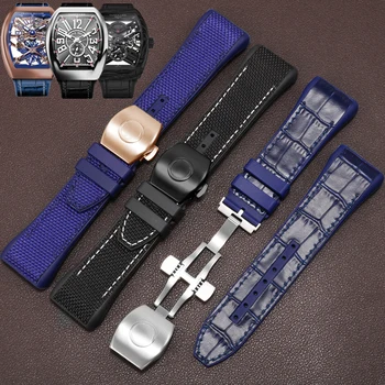 28mm Vysoce Kvalitní Nylon Pravé Kůže Silikonové Watchband Černá Modrá Skládací Přezka Hodinky Popruh Pro Franck Muller V45 Série