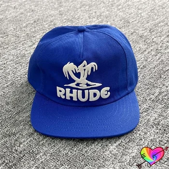 2023 Modrá RHUDE PALMS Hat Muži Ženy 1:1 Vintage těžké Váze Rhude Cap Vysoce Kvalitní Sluneční clony Bílé Logo Trucker Kšiltovky