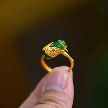 Přírodní Hetian jade staré zlaté řemeslo cikáda prsteny pro ženy otevírání nastavitelné čerstvé literární umění etnický styl šperky