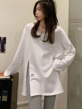 čistá bavlna Ženy t košile Harajuku dlouhý Rukáv Kreativní boční štěrbinou solidní Ležérní nadrozměrné ženy T-Shirt bílá top dlouhý streetwear