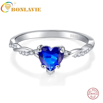 BONLAVIE Svatební a Zásnubní Prsten ve Tvaru Srdce Modré Zirkony 925 Stříbrný Prsten Jemné šperky