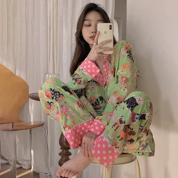 Kawaii Dog Pyžamo Set Jaro Ženy Kreslený Tisk Jediného Breasted Halenka + Kalhoty Dvoudílný Domácí Oblek Zelené Oblečení Na Spaní Korejské