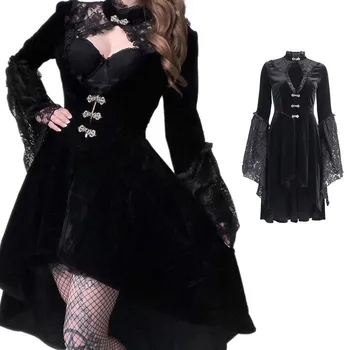 Stylové Černé Šaty, Krajky Šití Šaty Gothic Lolita Šaty Duté Plisované Šaty Tmavě Streetwear Nepravidelné Šaty