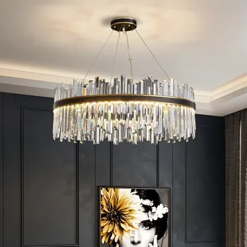 Moderní Luxusní Černá Kovová Led Stmívatelné Přívěsek Světla Lesk K9 Crystal Led Závěsná Lampa Vnitřní Nastavitelné Závěsné Svítidlo Svítidla