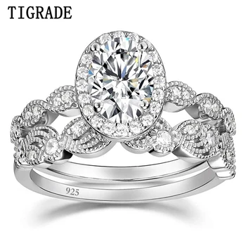 TIGRADE 925 Sterling Silver Svatební Prsteny Sady Oválné Zirkony Halo CZ Angažmá Prsteny, Snubní prsteny Pro Ženy zásnubní Prsten