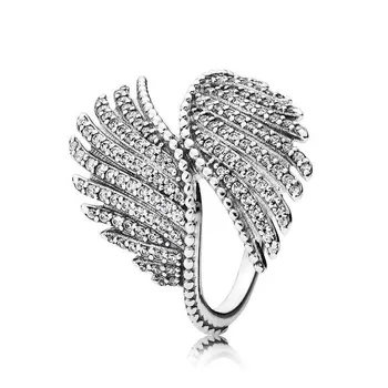 Autentické 925 Sterling Silver Šumivé Majestátní Peří S Crystal Prsten Pro Ženy Svatební Party Evropě Módní Šperky