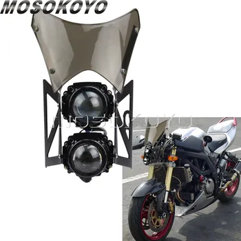 Motocykl Dirt Bike Custom Twin Světlomet Projektor Přední Lampy s Držákem Vítr Obrazovka pro Honda Yamaha Suzuki Kawasaki