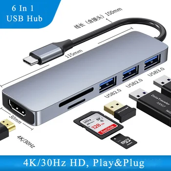 USB C, Dokovací Stanice Hub 6 V 1 Porty Splitter Adaptér S SD TF Reader For Macbook Pro 13 15 Dell Notebooku HP Příslušenství