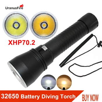 LED Potápění Svítilna Silný XHP70.2 Čip žluté/bílé Světlo 4000lm Svítilna Podvodní 100m Vodotěsné Potápěčské Svítilny 32650