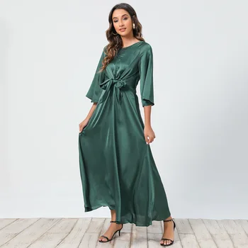 Letní Sexy Zelené Šaty Party Clud Vysoký Pasu Satén Dlouhé Šaty Obvaz Slim Elegantní O - Krk Ženy Midi Šaty Půl Rukáv