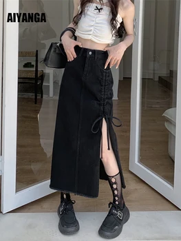 Nové 2022 Gothic Black Saias Džíny Ženy Ruched Rozdělit Dlouhé Džínové Sukně Módní Vysokým Pasem Džíny, Sukně Letní Ležérní Streetwear