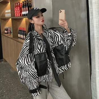 Ženy Korejské Volné Zebra Vzor Splétání Kůže Osobnosti Velké Kapsy Kabátu Streetwear Módní Svrchní Oblečení Podzimní Kožená Bunda