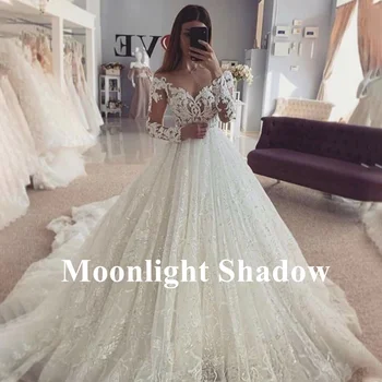 Moonlight Shadow Off Rameno Svatební Šaty pro Ženy Plný Rukáv Krajky Nášivky Krajky-Line Okouzlující Robe De Mariée