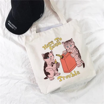 Ženy Nákupní Tašky Roztomilý Kočka Karikatury Vzor Série Eco Shopper Taška Přes Rameno Módní Vtipné Tisk Plátno Tote Bag Kabelka
