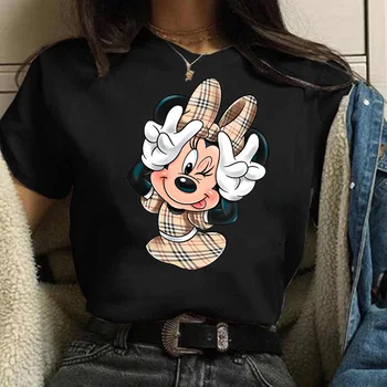 Kawaii Disney Minnie Mouse Kostkované Tisk Ženy T Košile Kreslené Grafické Tees Harajuku Letní Krátký Rukáv T-shirt Žena Topy Tee