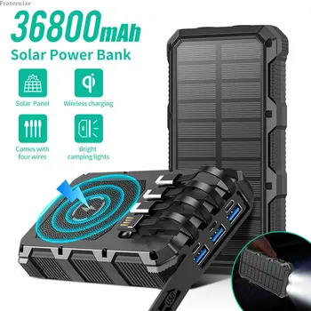 Solární Energie Banka 36800mAh Přenosné Bezdrátové rychlé Nabíječka Vnější Baterie 5V3A Vestavěný Kabely venkovní Světlé Svítilna