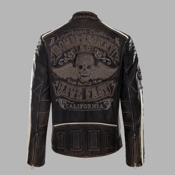 2020 Nové Vintage Černý Motocykl Kožená bunda Muži lebky Výšivky Tlusté Cowskin Biker Bunda Zimní Kabáty S-XXXL