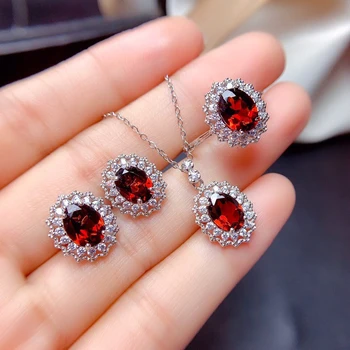 Semi Precious Ruby Šperky Sady Plné Zirkon Nastavitelný Prsten 925 Stříbrný Řetěz S Elegantní Červené Přívěsek Náhrdelník Pro Ženy, Dámy