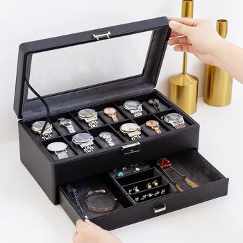 Muži Hodinky Box Organizátor Skladování Luxusní Tlusté Kožené Pouzdro Šperky Display Box Double-Deck Kabinet Uhlíkových Vláken 12 Sloty Krabice