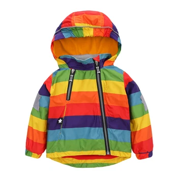 BINIDUCKLING Děti Chlapci Dívky Rouno Kabáty Rainbow Stripe Podzim Dítě Bunda s Kapucí Větrovka, Teplá Bunda S Fleece