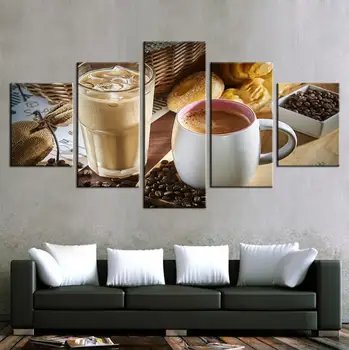 Tiskne Obrázky Domácí Výzdoba Restaurace 5 Kusů Kouřící Šálek Kávy Bean Obrazy Kuchyň Wall Art Jídlo Plakáty(Bez Rámečku)