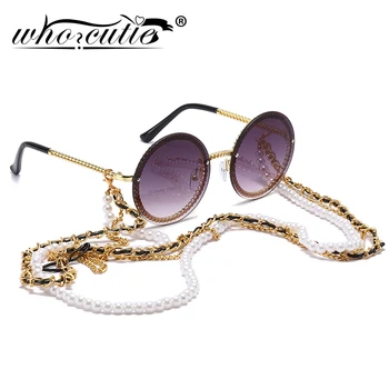 Vintage Kulaté sluneční Brýle, Ženy s Perlový Řetěz Příslušenství 2019 Luxusní Značky Design Retro Zlatá Rám Sluneční Brýle Ženské Odstíny