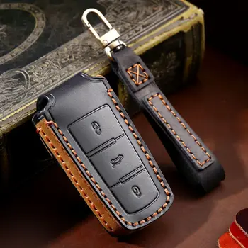 3 Tlačítko Kožené Auto Klíč Kryt pro Volkswagen VW CC, Passat B6 B7 Dálkové Fob Chránič s Řetízky