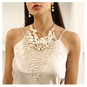 2021 Přehnané Simulované Pearl Multi-vrstva náhrdelník Náhrdelník Šperky Tělo pro Ženy Luxusní Perly Dlouhý Střapec Přívěskem Náhrdelník