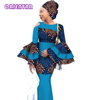 Ženy Africké Šaty s Hlavy Šátek Bazin Riche Africké Ženy Tisk Šaty Flare Rukáv Večerní Party Šaty Headtie WY2822